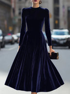 Women's navy long sleeve pleated midi dress