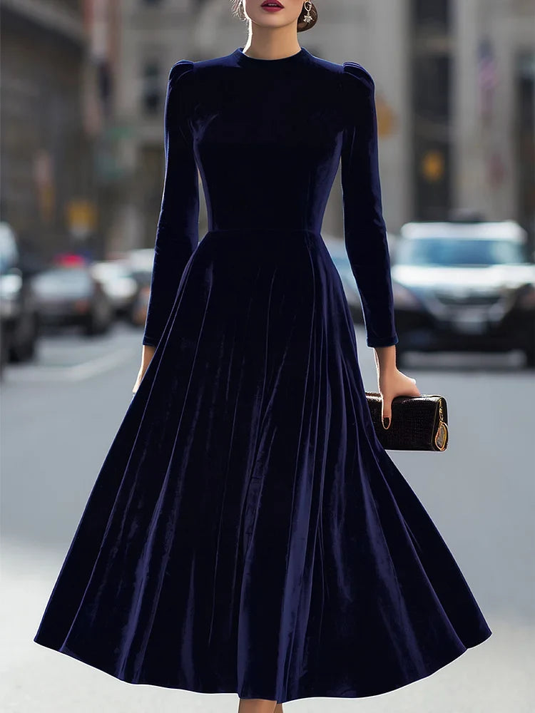 Women's navy long sleeve pleated midi dress