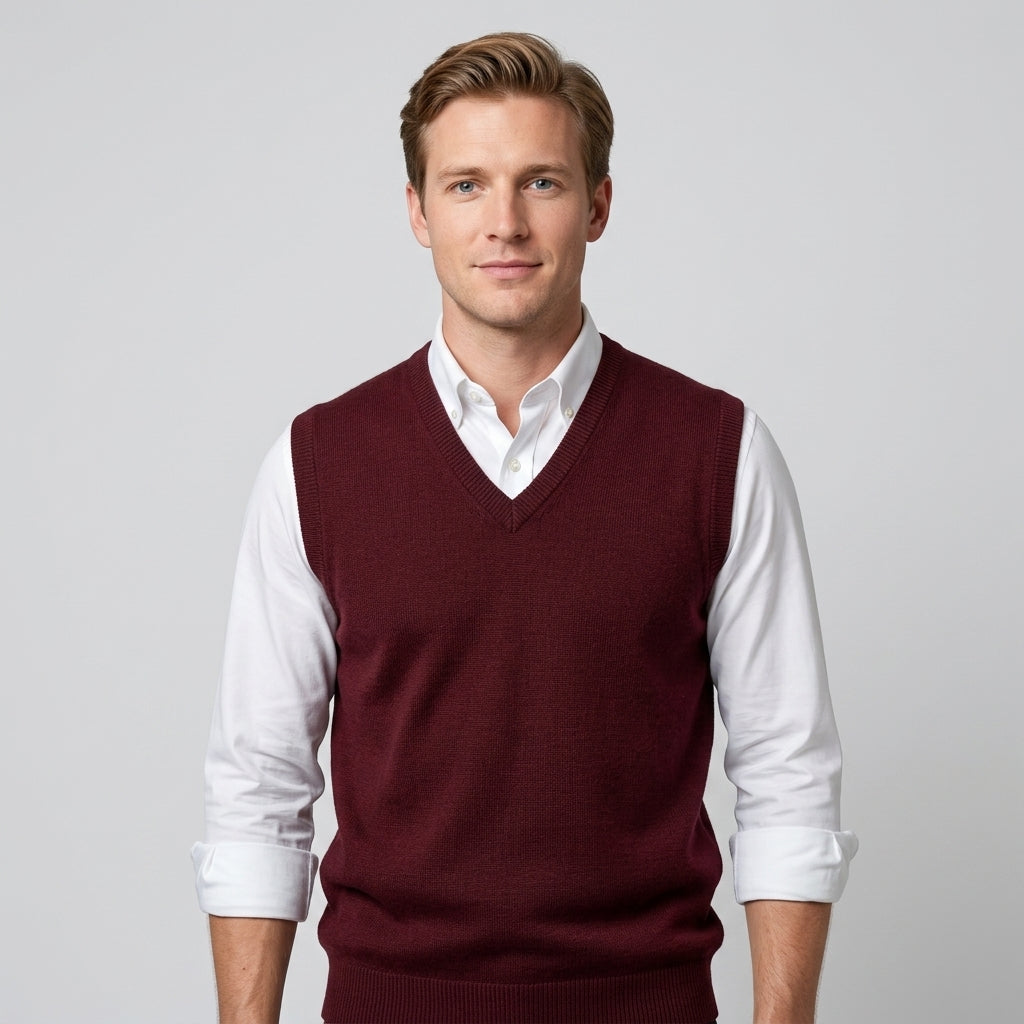 Men's sleeveless V-neck jumper layered over a collared shirt