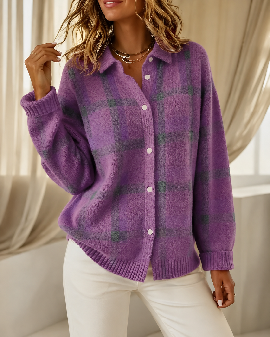 Women's checked knit cardigan with collar and button front