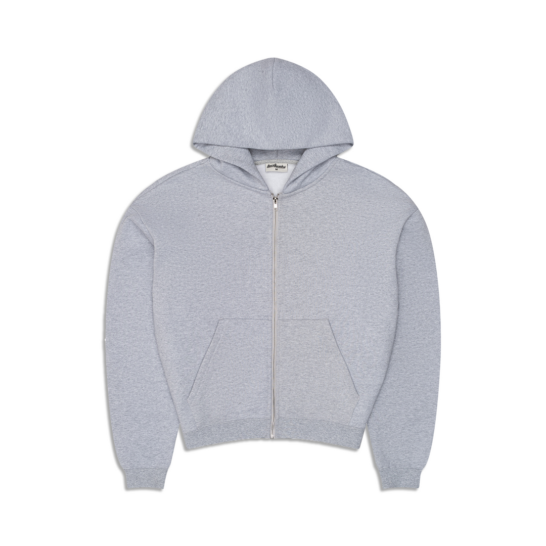 Men's heather gray zip-up hoodie with hood and front pouch pocket