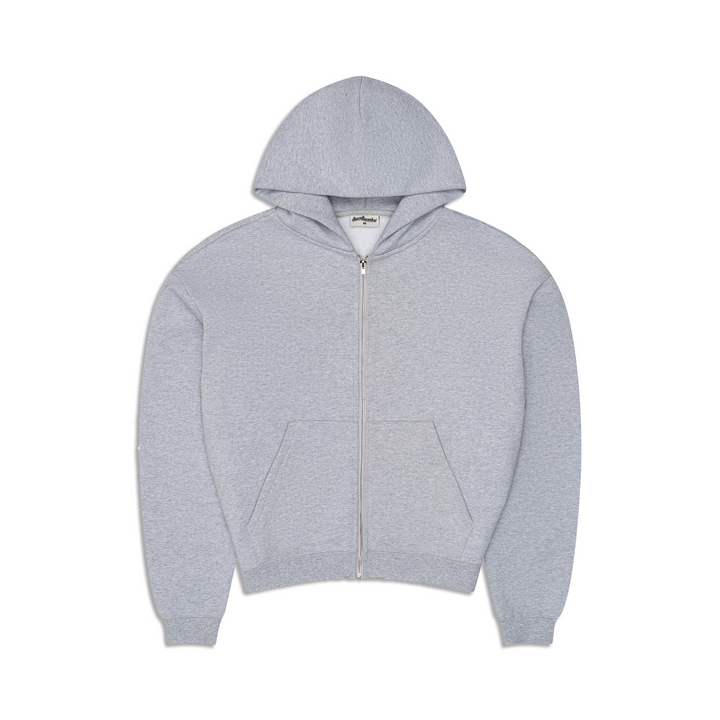 Men's heather gray zip-up hoodie with hood and front pouch pocket