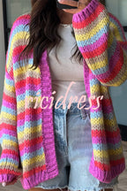 Women's multicoloured striped knit cardigan with open front and balloon sleeves