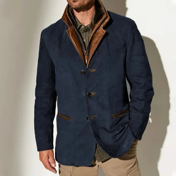 Men's navy blue vintage suede-look jacket with layered collar and button front