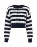 Women's navy and white striped cropped sweater with crew neck and long sleeves