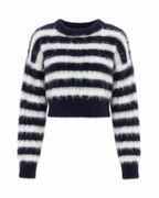 Women's navy and white striped cropped sweater with crew neck and long sleeves