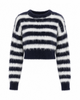 Women's navy and white striped cropped sweater with crew neck and long sleeves