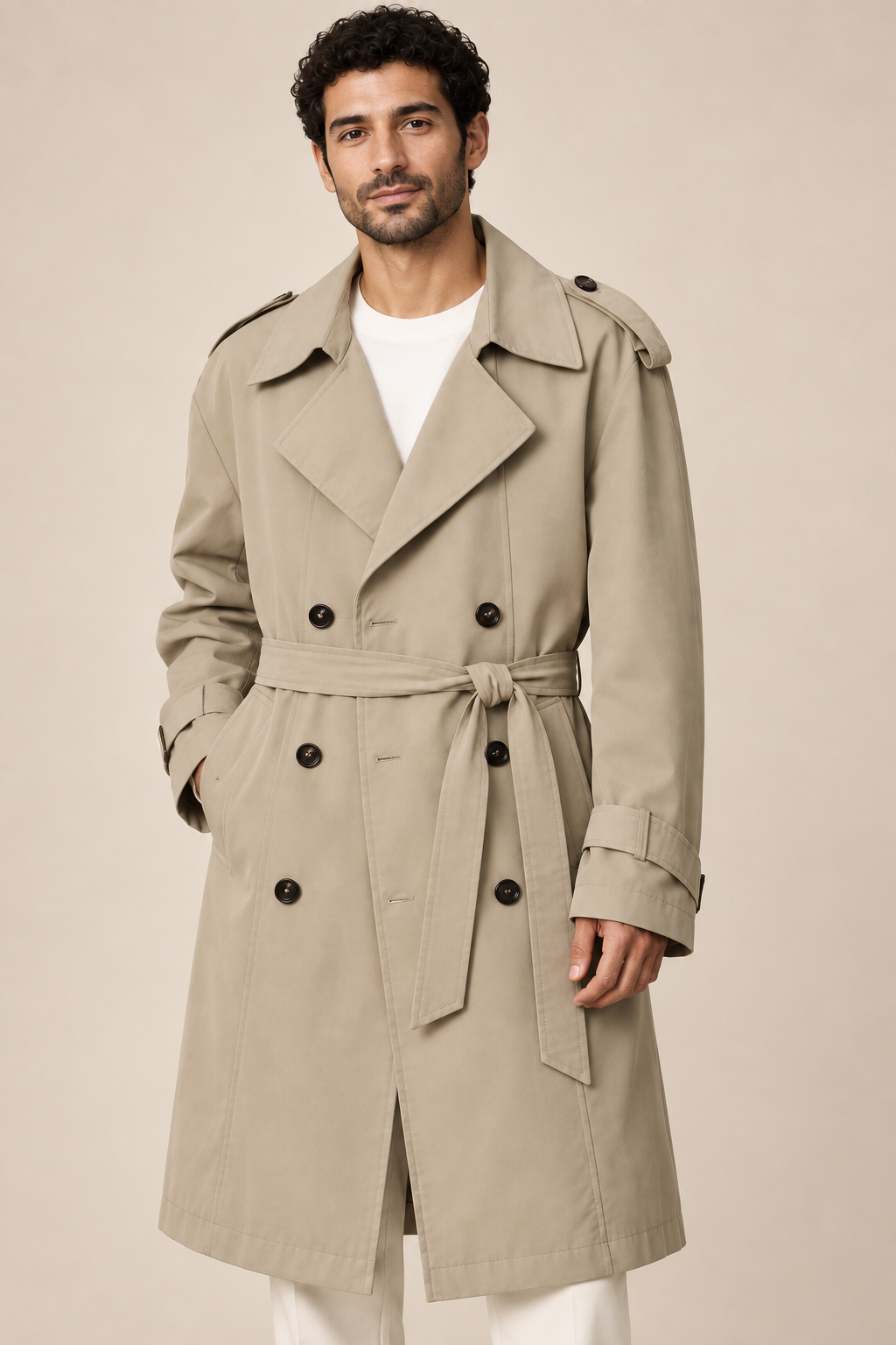 Men's double-breasted trench coat with a waist belt and epaulettes