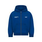 Men's blue zip-up hoodie with white chest text and front pouch pockets