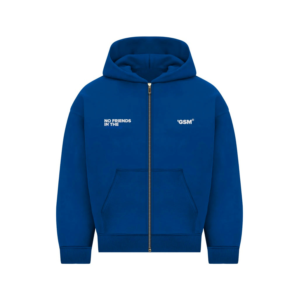 Men's blue zip-up hoodie with white chest text and front pouch pockets