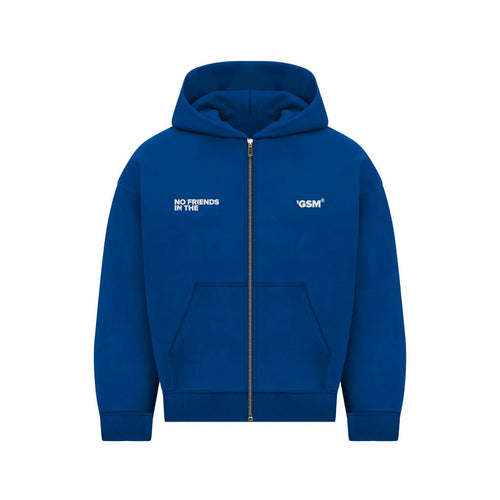 Men's blue zip-up hoodie with white chest text and front pouch pockets