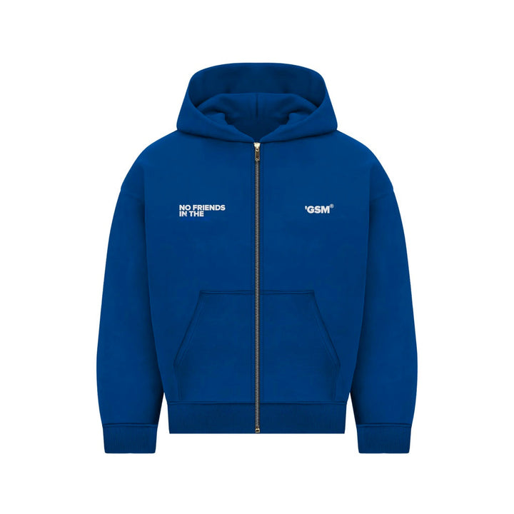 Men's blue zip-up hoodie with white chest text and front pouch pockets