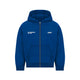 Men's blue zip-up hoodie with white chest text and front pouch pockets