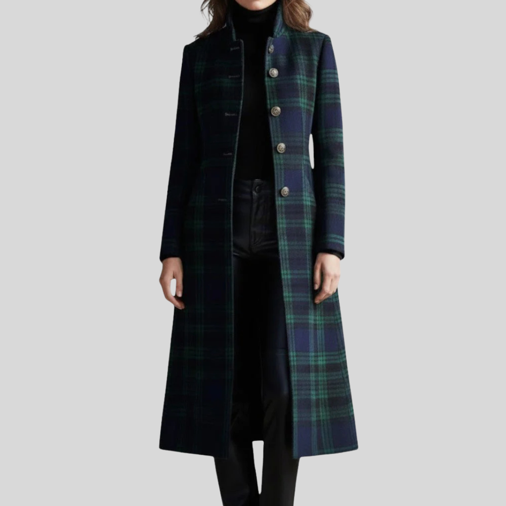 Women's long blue and green plaid coat with stand collar and buttons