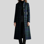 Women's long blue and green plaid coat with stand collar and buttons