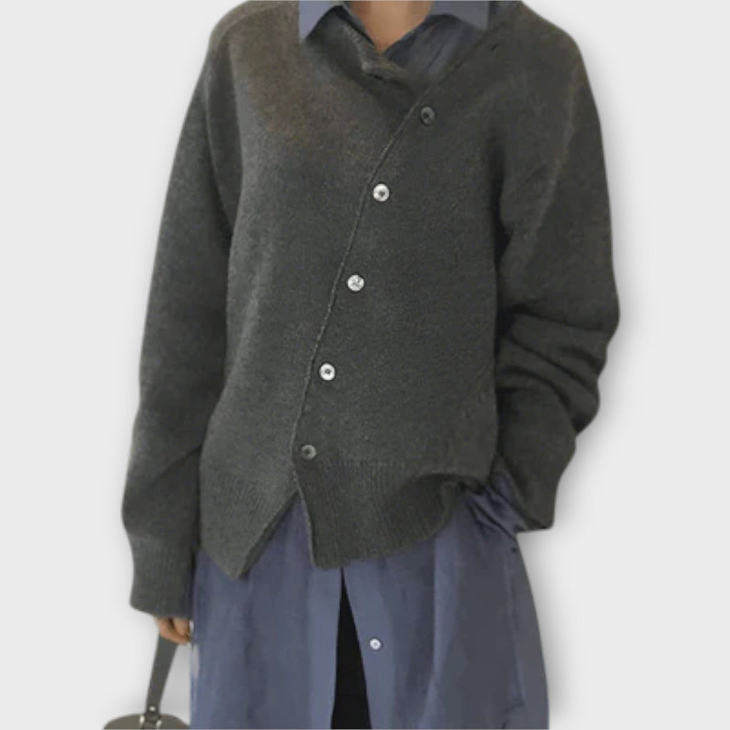 Women's knit cardigan with diagonal button front and long sleeves