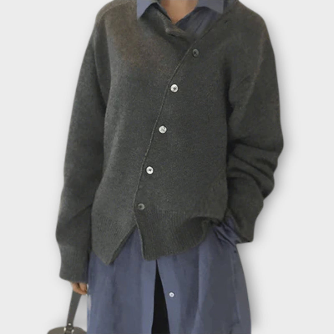 Women's knit cardigan with diagonal button front and long sleeves