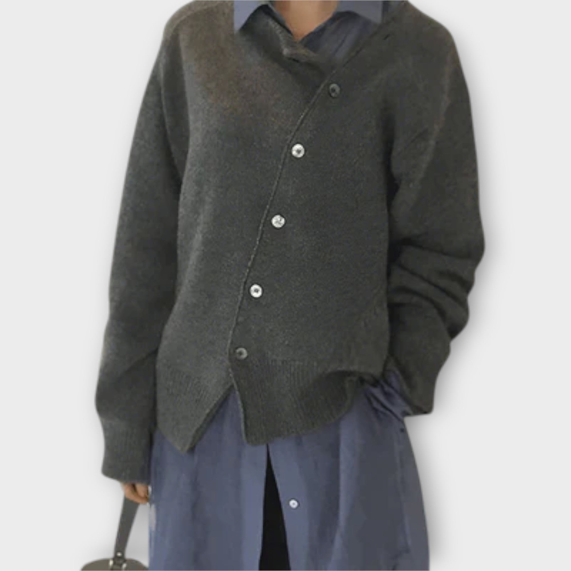 Women's knit cardigan with diagonal button front and long sleeves