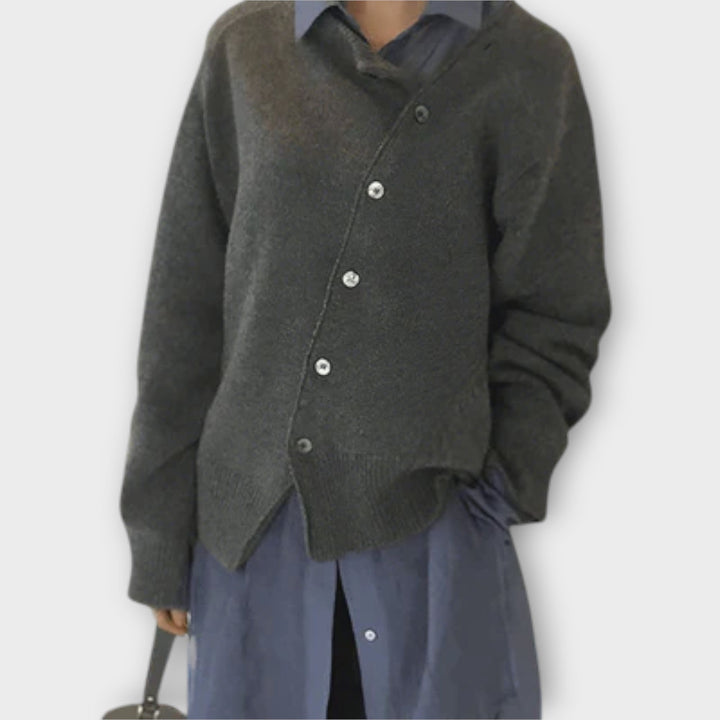 Women's knit cardigan with diagonal button front and long sleeves