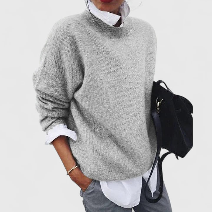 Women's relaxed crew neck sweater with long sleeves and ribbed trims