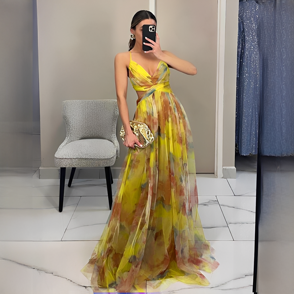 Women's multicoloured abstract V-neck maxi dress with spaghetti straps