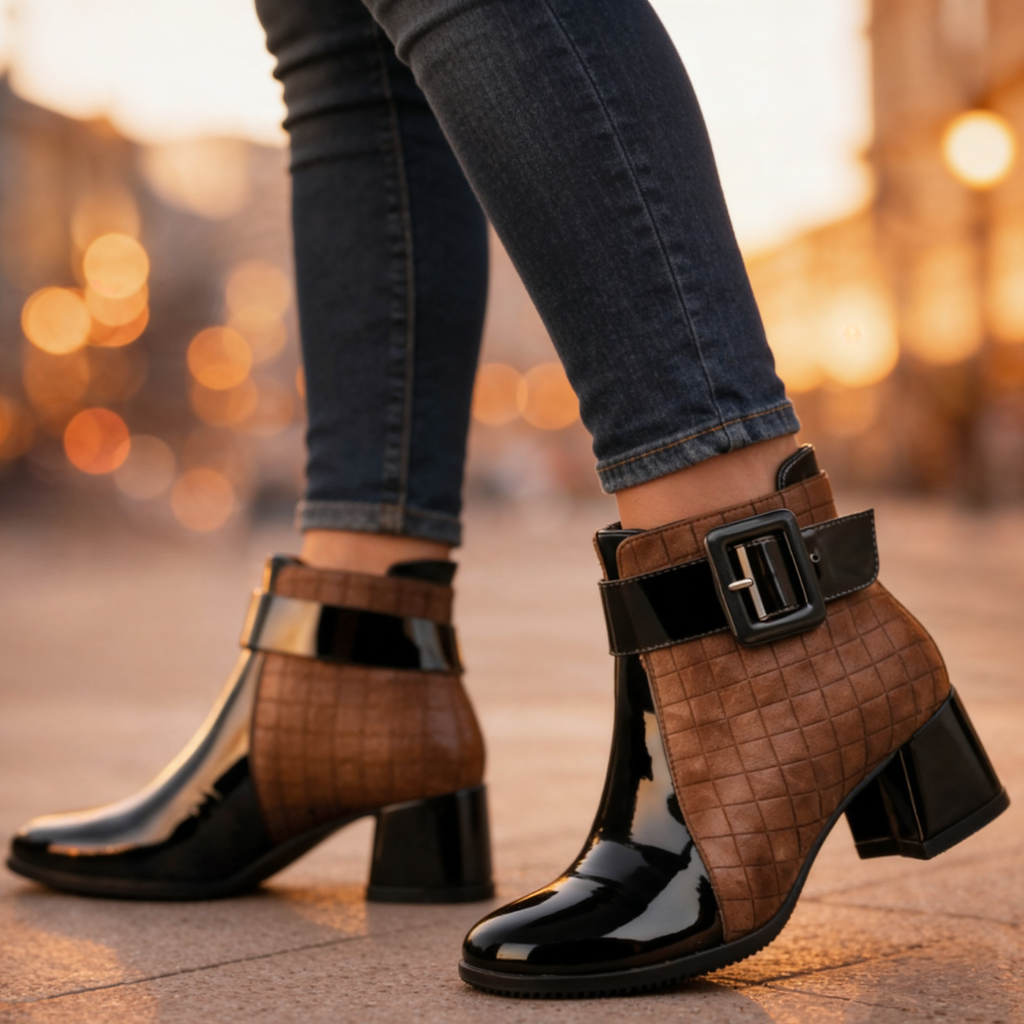 Women's quilted ankle boots with buckle strap and block heel