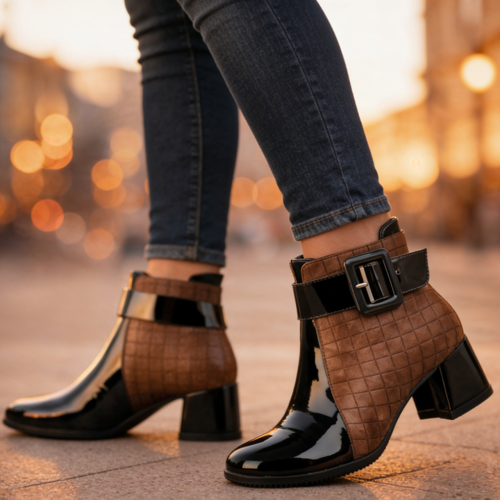 Women's quilted ankle boots with buckle strap and block heel