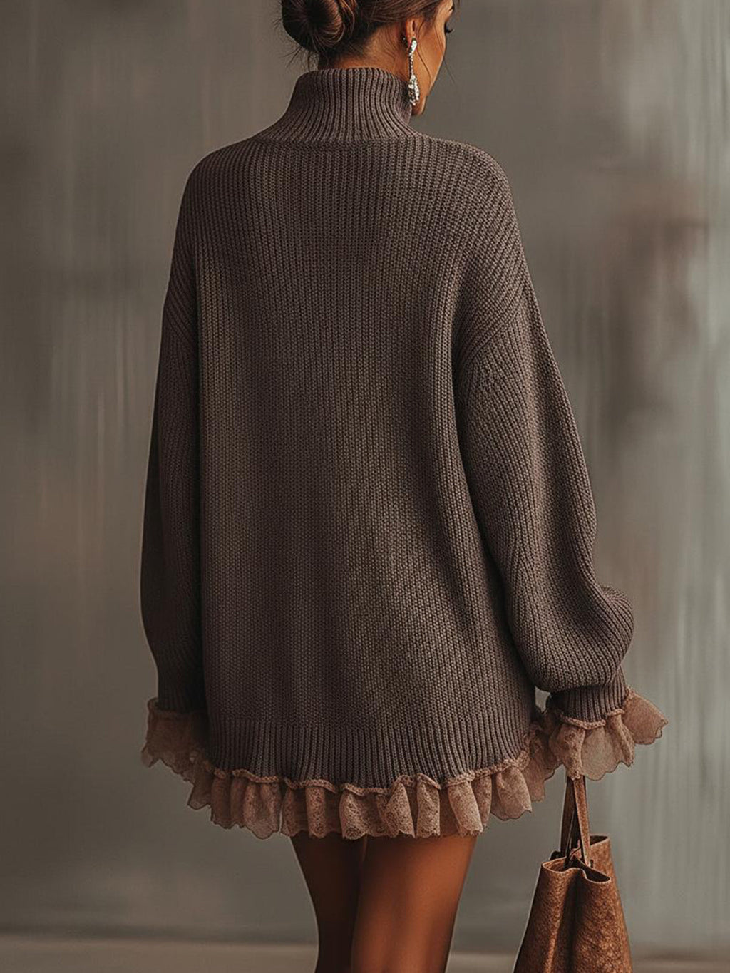Women's brown turtleneck mini dress with long sleeves and ruffled hem