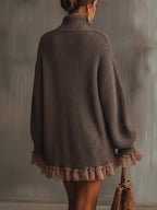 Women's brown turtleneck mini dress with long sleeves and ruffled hem