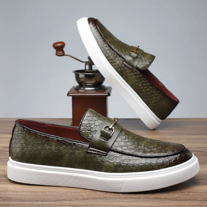 Embossed slip-on loafers with gold bit detail and flat contrasting soles
