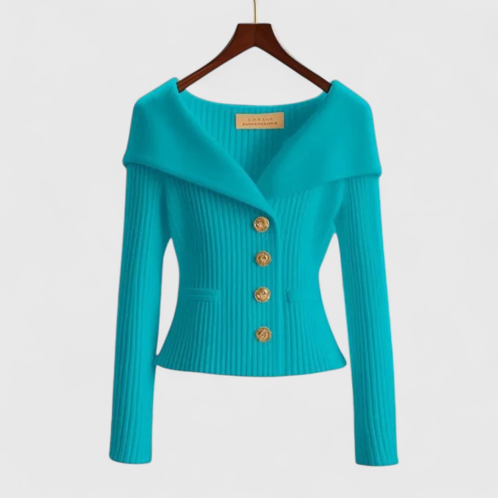 Women's ribbed button cardigan with wide collar and long sleeves