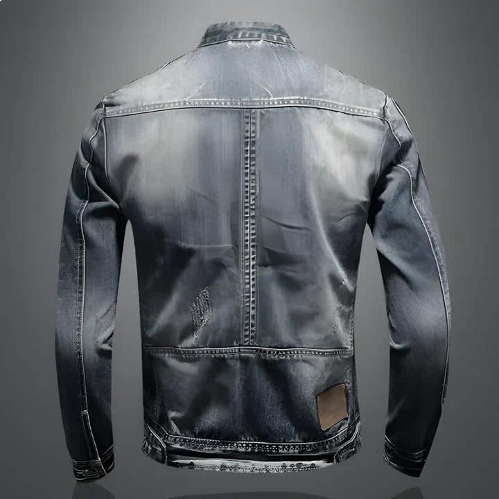 Men's blue-grey washed denim jacket with stand collar, long sleeves and zipped pockets