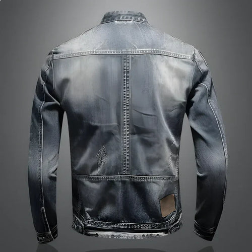 Men's blue-grey washed denim jacket with stand collar, long sleeves and zipped pockets