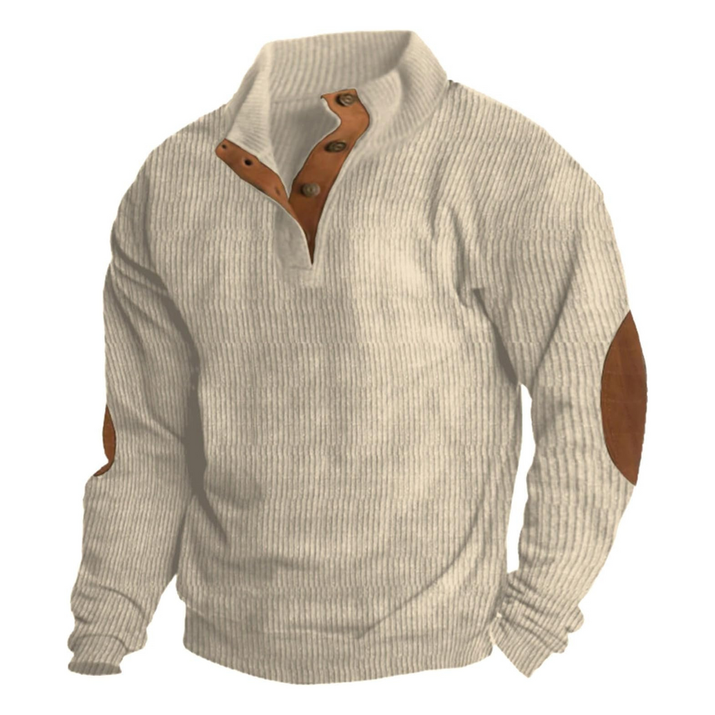 Men's ribbed quarter-button sweatshirt with stand collar and elbow patches