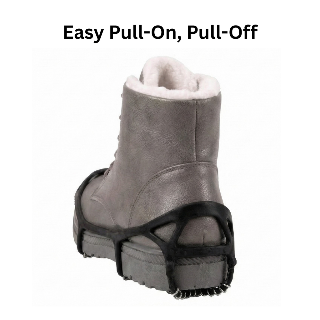 Black stretch ice cleats with traction chains fitted over boots