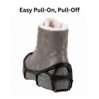 Black stretch ice cleats with traction chains fitted over boots