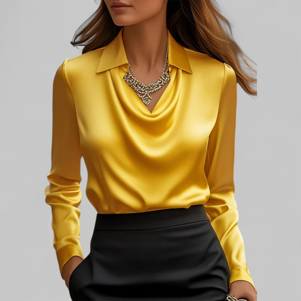 Women's long-sleeve blouse with draped neckline and pointed collar