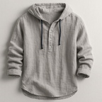 Men's long-sleeved hooded shirt with button placket and drawcords