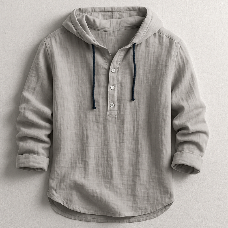 Men's long-sleeved hooded shirt with button placket and drawcords