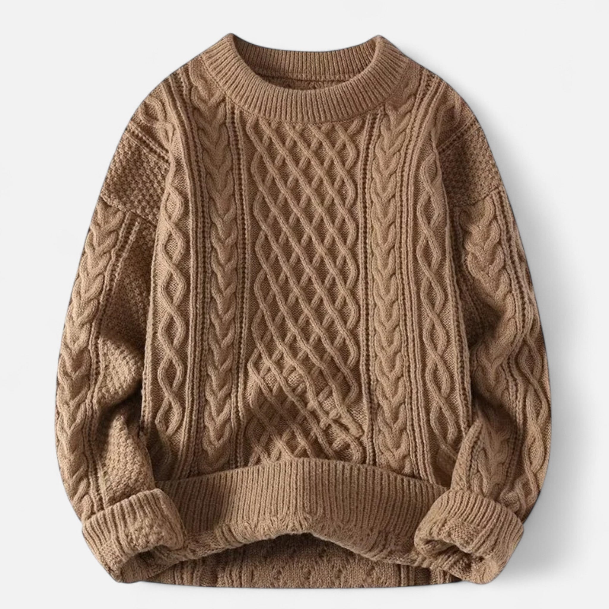 Men's cable knit crew neck sweater with long sleeves