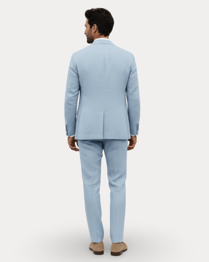 Men's tailored two-piece suit with notch lapel jacket and matching trousers