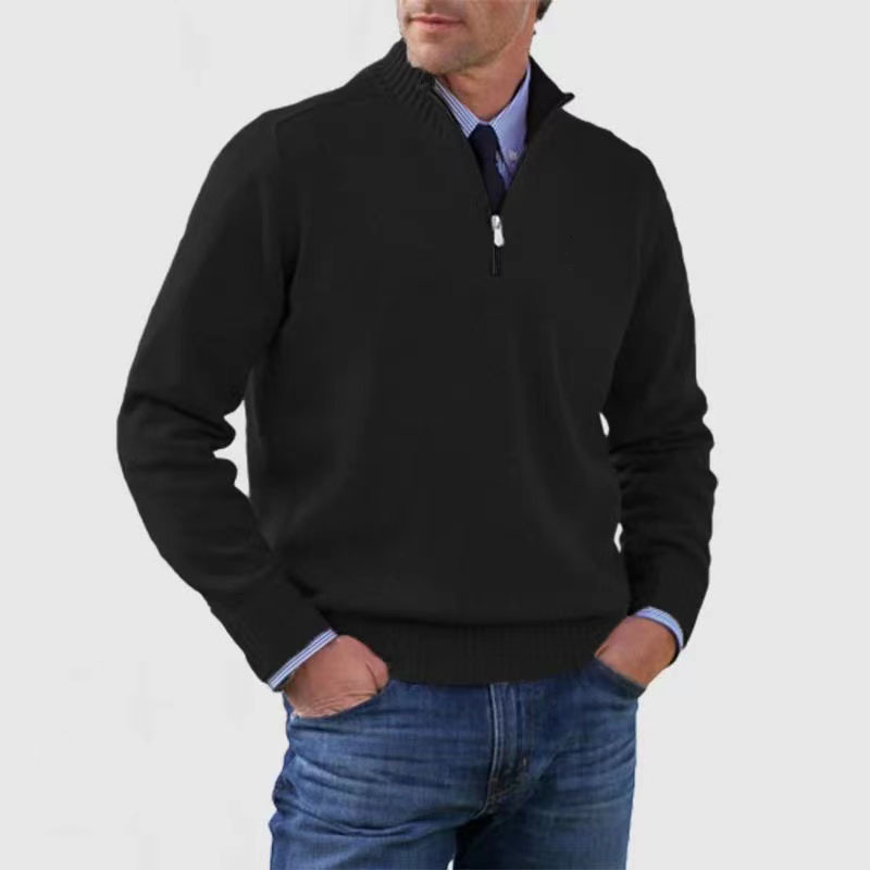 Men's quarter zip mock neck jumper with long sleeves and ribbed trims
