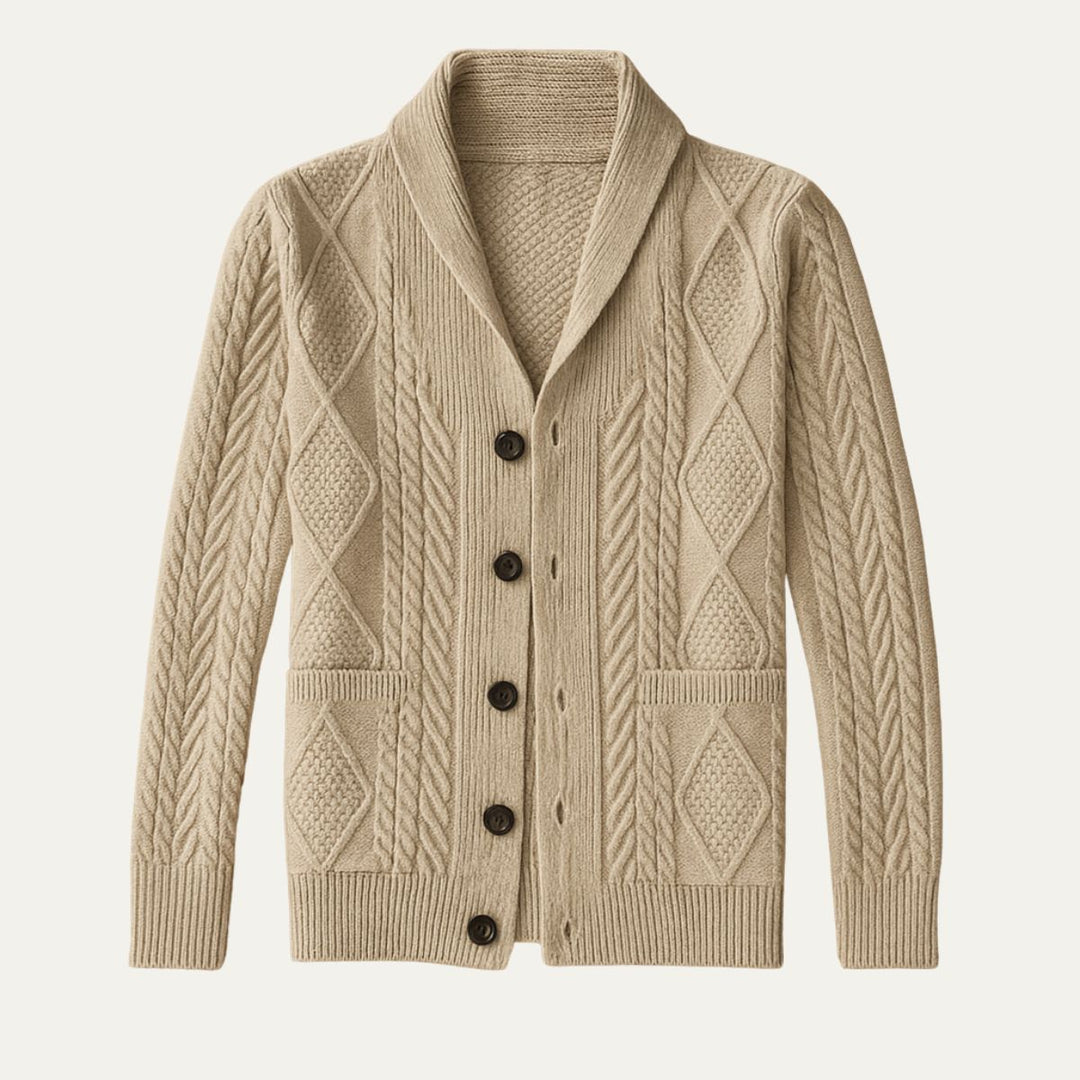 Men's textured knit cardigan with shawl collar, buttons and front patch pockets
