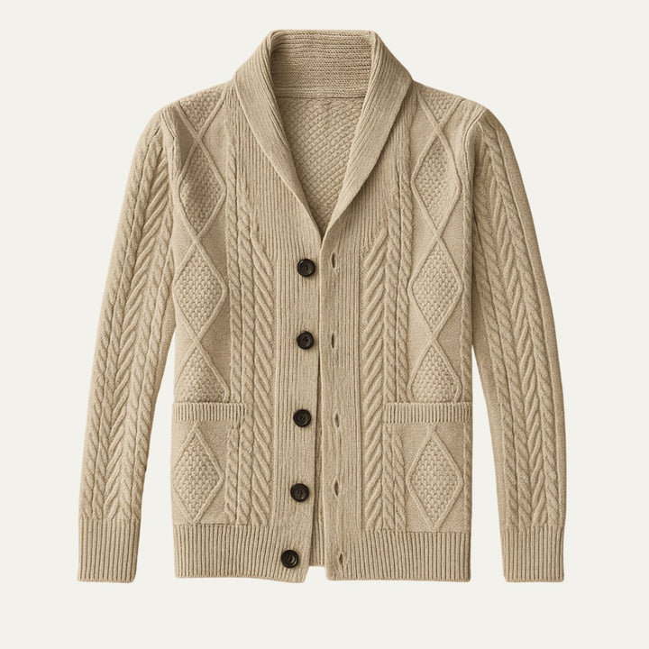 Men's textured knit cardigan with shawl collar, buttons and front patch pockets