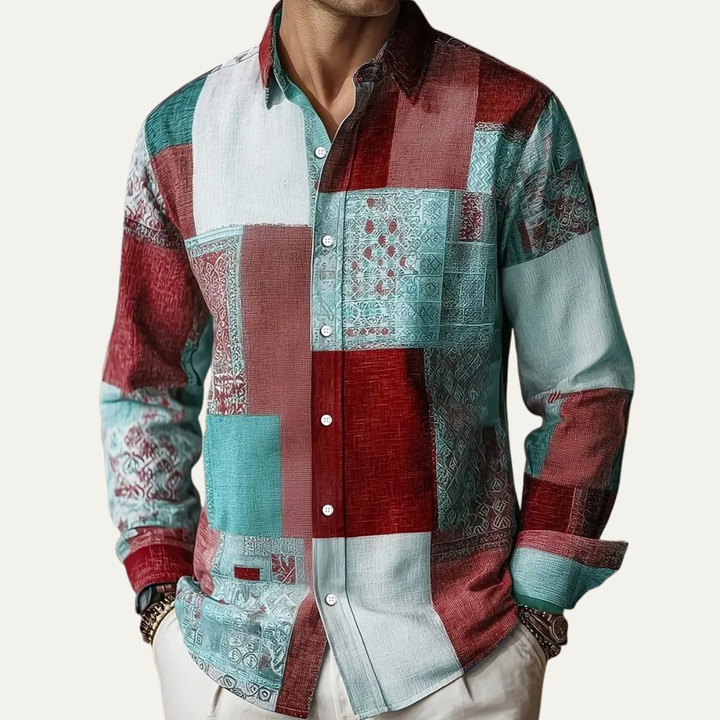 Men's colour block patchwork shirt with long sleeves
