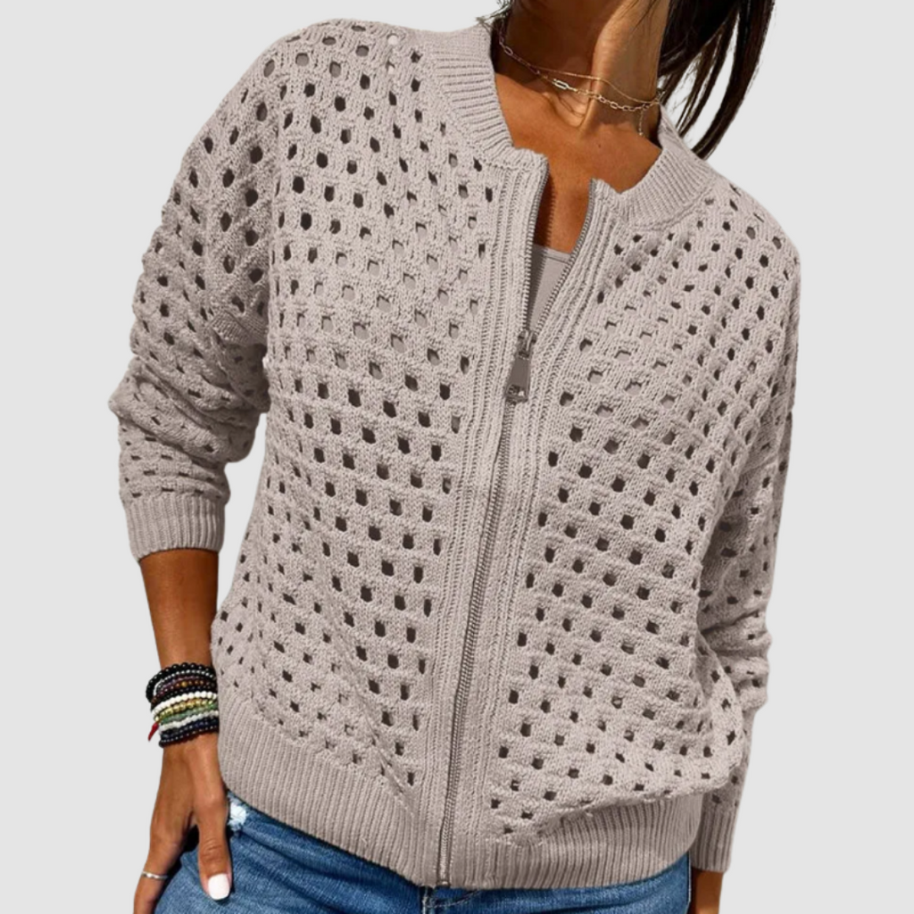 Women's open knit zip cardigan with ribbed trims and long sleeves