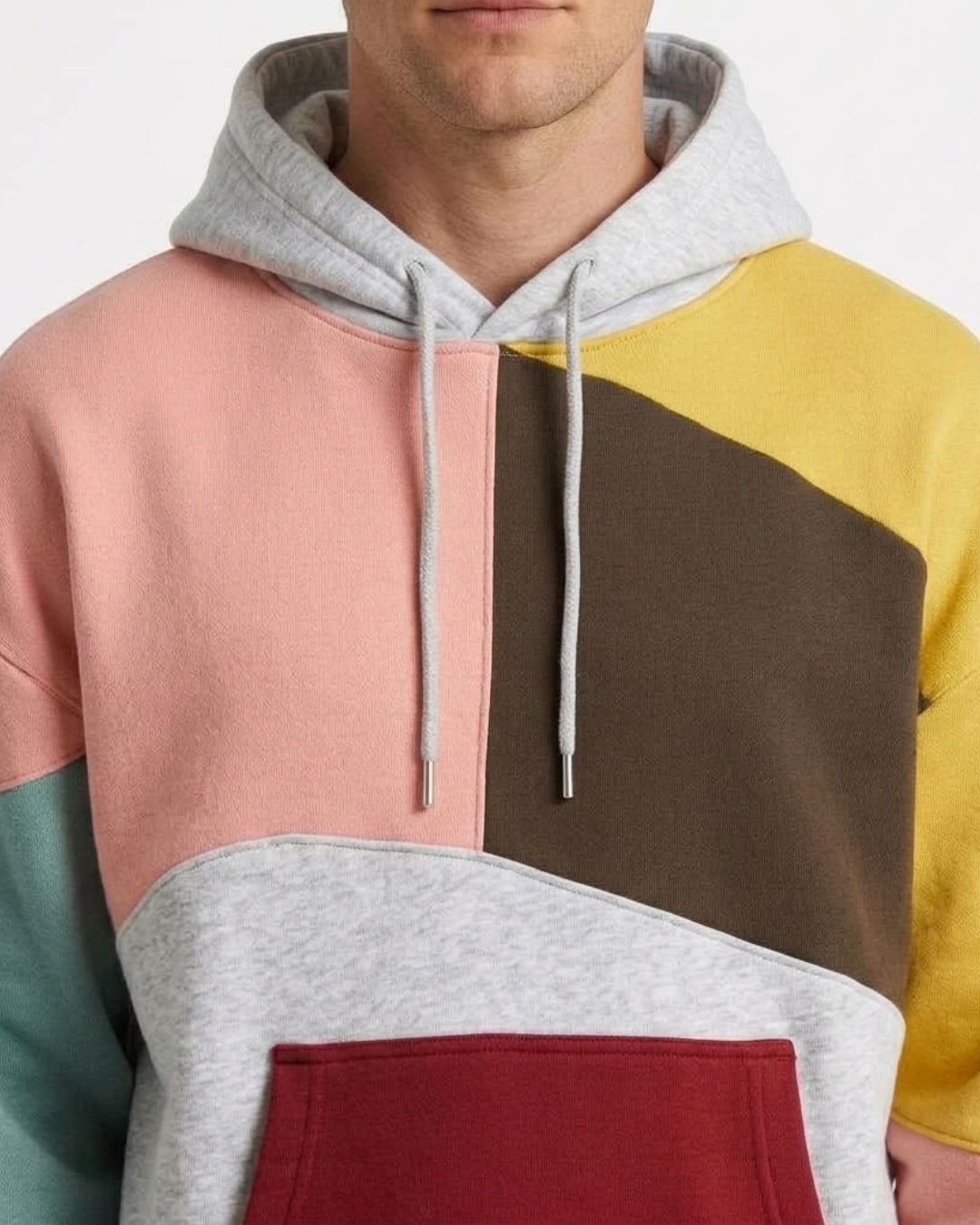 Men's long-sleeve geometric colour-block hooded sweatshirt with kangaroo pocket