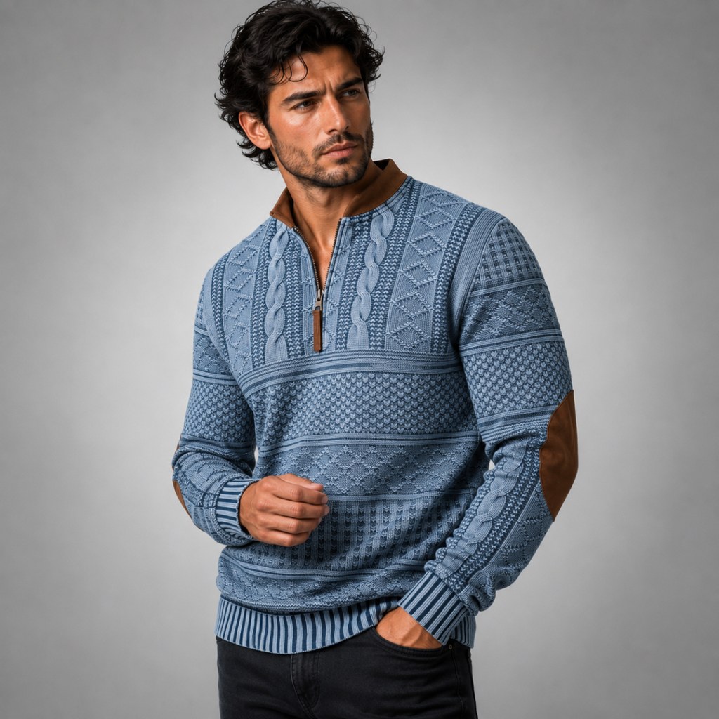 Men's patterned half-zip sweater with mock neck and brown elbow patches