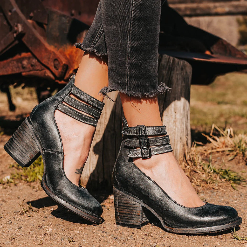 Women's ankle boots with three buckle straps and block heel