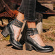 Women's ankle boots with three buckle straps and block heel